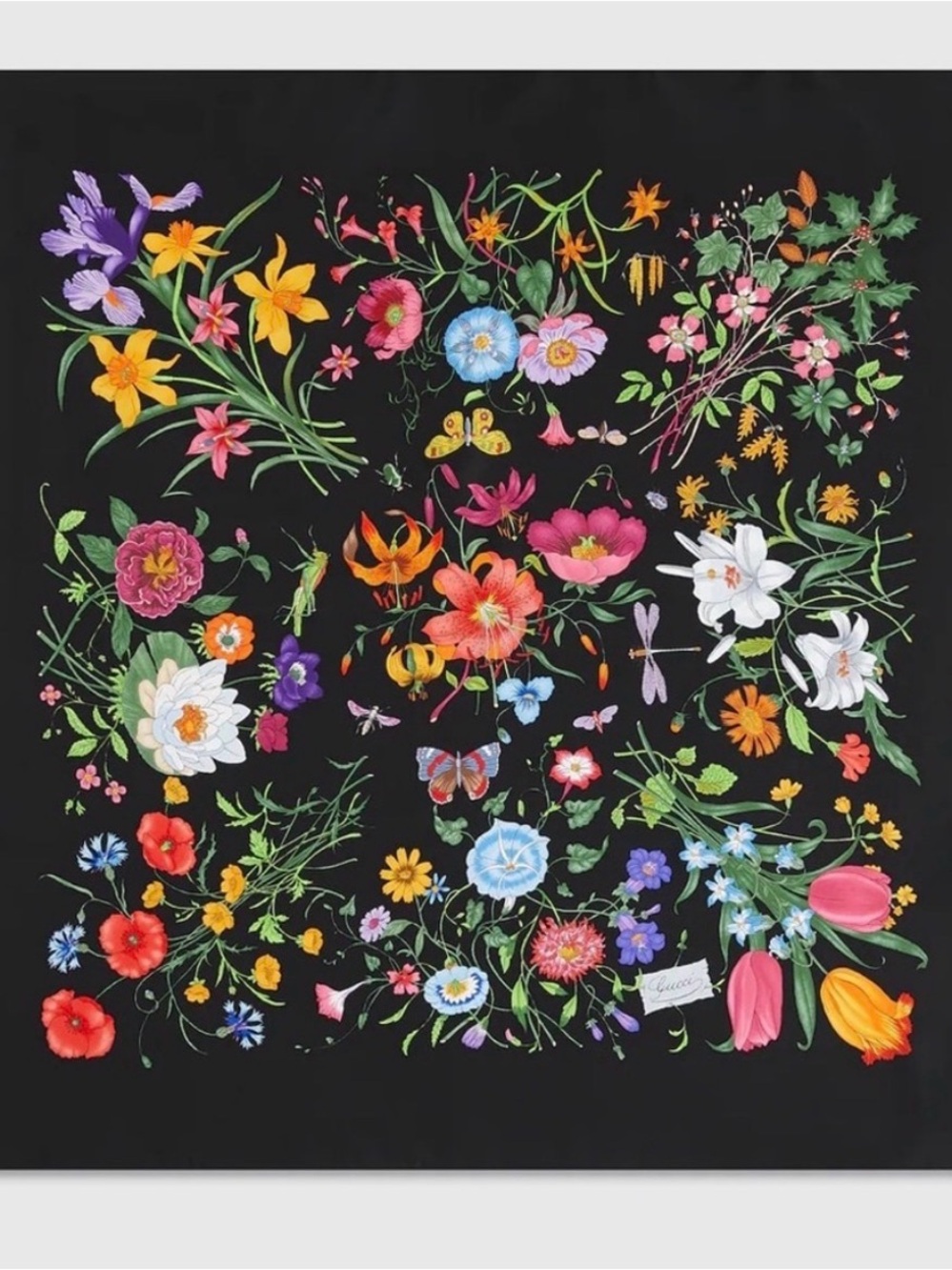 Gucci Flora silk chiffon twill carré Floral Black Scarf